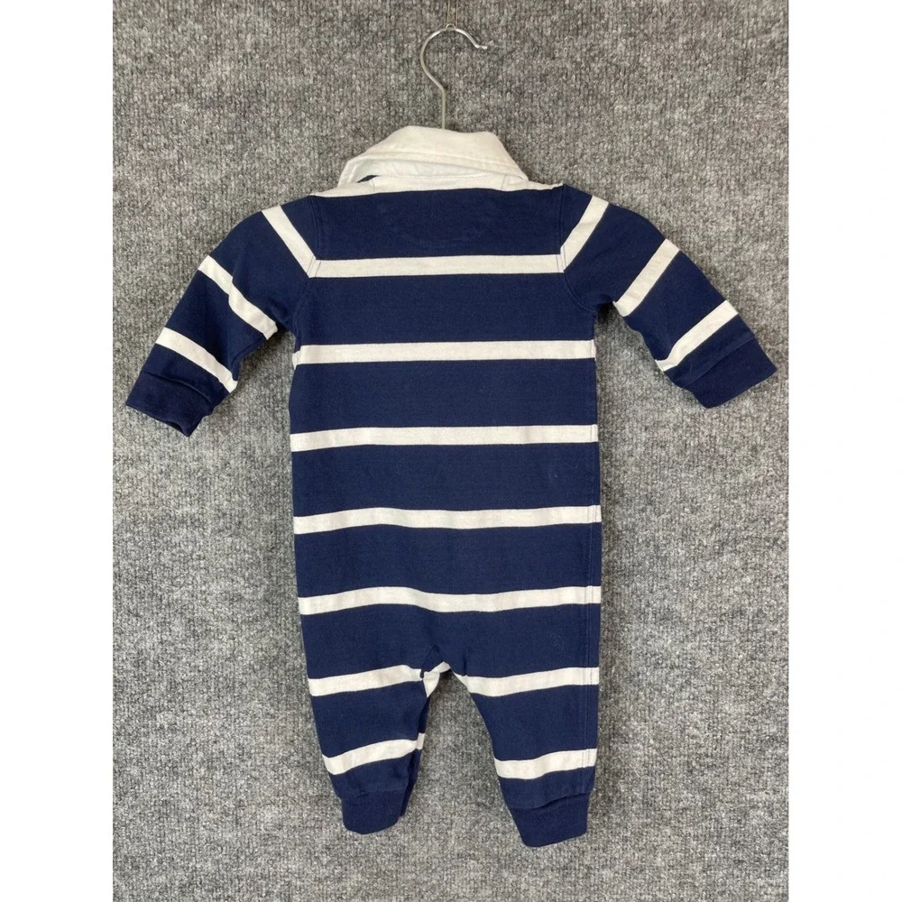 Ralph Lauren Rugby Coverall Baby 6M Navy Blue White Striped LS